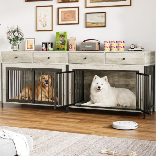44 Inch Large Dog Crate Furniture with Storage Drawers (New Grey / 89"L x 23.6"W x 34.5"H)