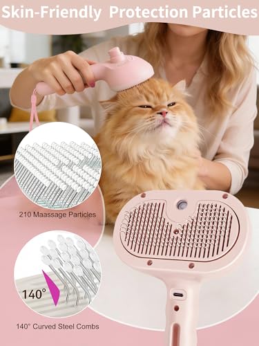 3 in 1 Dog Cat Steam Brush with Storage Rope for Shedding Massaging Grooming (Pink)