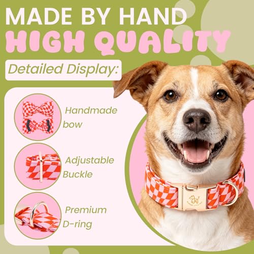 Pink Checked Dog Collars with Bow (Pink Checked / X-Large (Pack of 1))