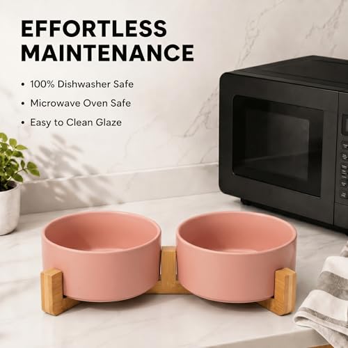 Ceramic Dog and Cat Bowl with Wood Stand Non (3.6 cups / Pink × 2)