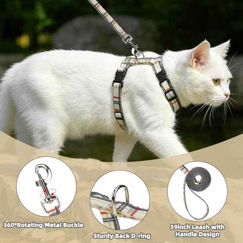 Adjustable Cat Harness and Leash Set Escape Proof Kitten Strap Collar for Walking Travel (Small / Beige(Plaid))