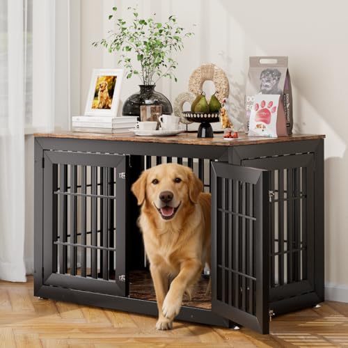 48" Heavy Duty Dog Crate Furniture for Large Dogs (47.2"L x 30.3"W x 31.9"H / Black+Brown)
