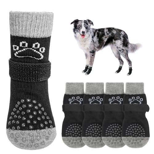 Anti Slip Dog Socks to Prevent Licking Paws for Hardwood Floors (Pearl Paw-Black / Medium (4 Count))