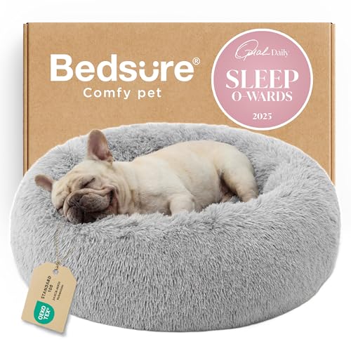 Calming Dog Bed Medium Size Dog Donut Washable Pet Bed (30"L x 30"W x 8"Th / Pale Grey)