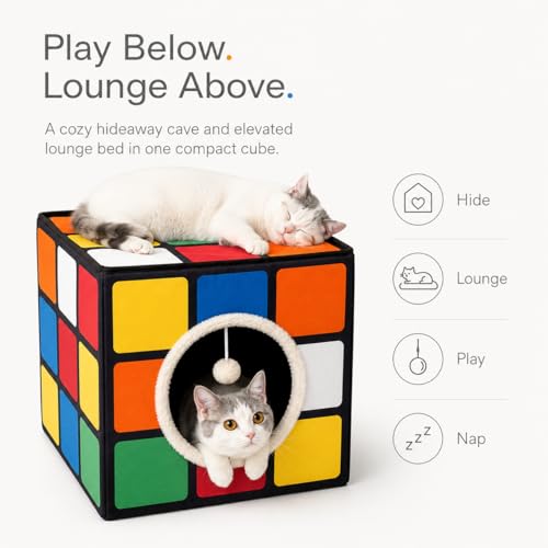 Cat Condo House with Reversible Cushions and Fluffy Ball Hanging (Standard)