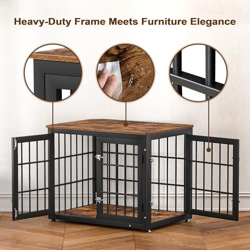 32" Heavy Duty Dog Crate Furniture for Small and Medium Dogs (Black + Rustic Brown / 32.7"L x 23.6"W x 26.2"H)