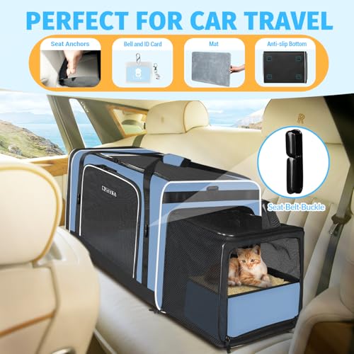 Side Expandable Extra Large Cat Carrier with Litter Box (Blue with Expandable Litter Box Area)