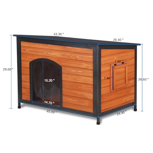 Outdoor Wooden Dog House Weatherproof Chew Resistant Metal Frame 43.3 Inch (43.3"Length)