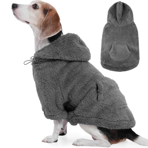 Fuzzy Dog Sweater with Adjustable Hood & Harness Hole (Large / Grey)