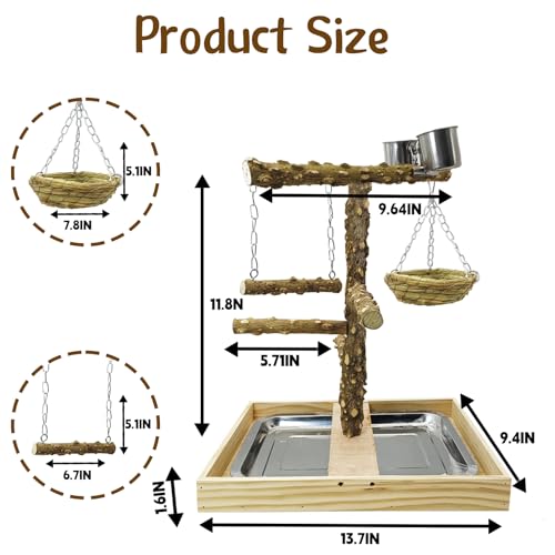 Bird Perch Natural Wood Stand Toy Parrot Play Stand Platform and Hanging Bird Nests Bird Cage with Removable Tray and 2 Stainless Steel Cups for Parakeets Canaries Cockatiels Conure Lovebirds