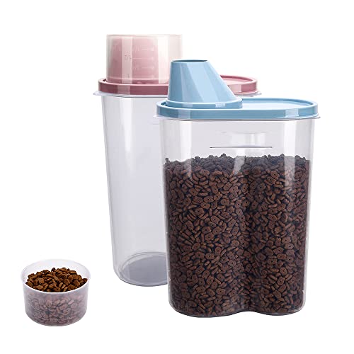 2 Pack 2lb 2.5L Pet Food Storage Container with Measuring Cup for Small Dog (Blue and Pink 2.5L)