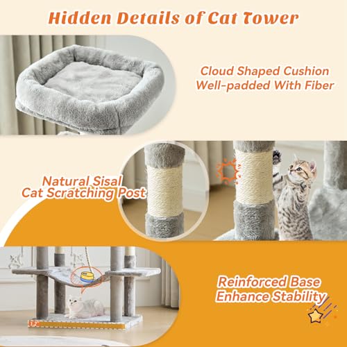 Large 66 Inch Cat Tree Tower with Sisal Scratching Post (Light Grey / 66 Inches)