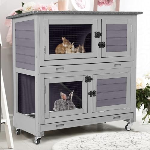 Rabbit Hutch with Trap Door Indoor Rabbit Cage with 4 Casters Bunny cage 2 Story & 2 Trays Guinea Pig Cage 36 inchs Bunny Cage (Grey-AIR77)