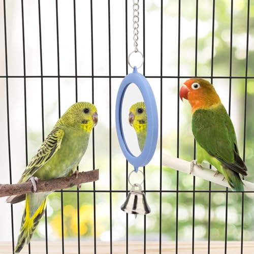Bird Mirror Toy with Bell Interactive Parrot Hanging Mirror (BLUE)