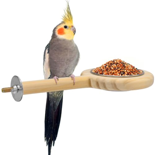 Bird Perch Bird Feeding Cup Parrot Wood Perch Stand Toy Bird Cage Accessory for Parakeet Lovebird Conure Budgie Canary Finch Small Parrots
