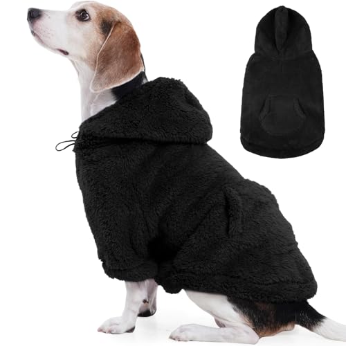 Fuzzy Dog Sweater with Adjustable Hood & Harness Hole (X-Large / Black)