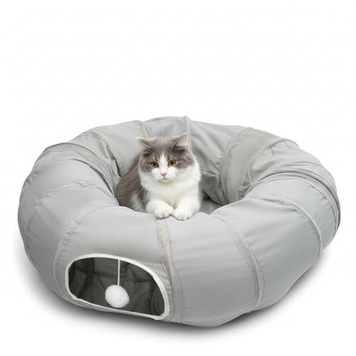 Cat Tunnel with Bed for Kitten Puppy Rabbit Ferret (Light Grey)