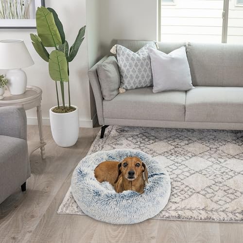 The Original Calming Donut Dog Bed for Small Dogs up to 25 lbs (Denim Shag / Small)