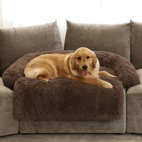 Calming Dog Bed Fluffy Plush Dog Mat for Furniture Protector with Removable Washable Cover for Large Medium Small Dogs and Cats (Coffee / 53.0"L x 39.3"W x 6.0"Th)