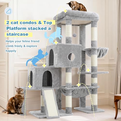 Cat Tree Tower with Plush Steped Condos (50 inches / Light Gray)