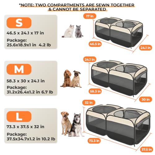 2-in-1 Dog Playpen 46.5''Pop Up Cat Pet Playpen, Assembly-Free Indoor Outdoor Kitten Enclosure, Kitten Pen Cat Cage Portable Puppy Tent Crates Kennel for Small Animals(No Divider, Unified Space) (Beige / S, 46.5"L x 24.1"W x 17"H)