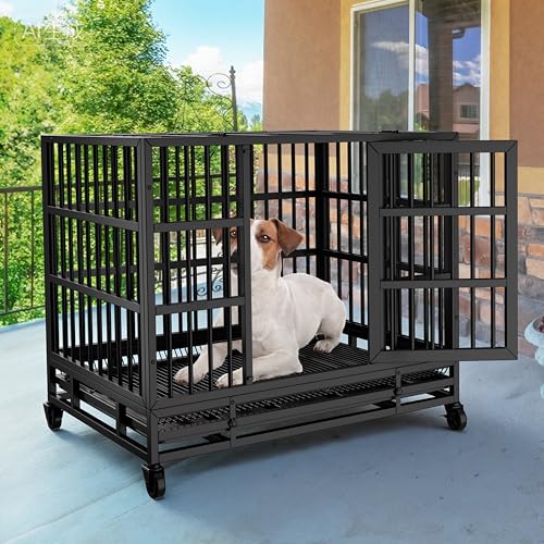 JY QAQA 48 38 Inch Heavy Duty Indestructible Dog Crate Double Doors Escape Proof Cage Kennel (48.8"L x 29.9"W x 35.6"H)