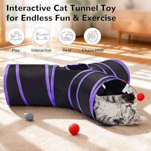 Cat Tunnel, 3-Way Collapsible Toy for Indoor Cats, Black & Purple (Black & Purple / Small)