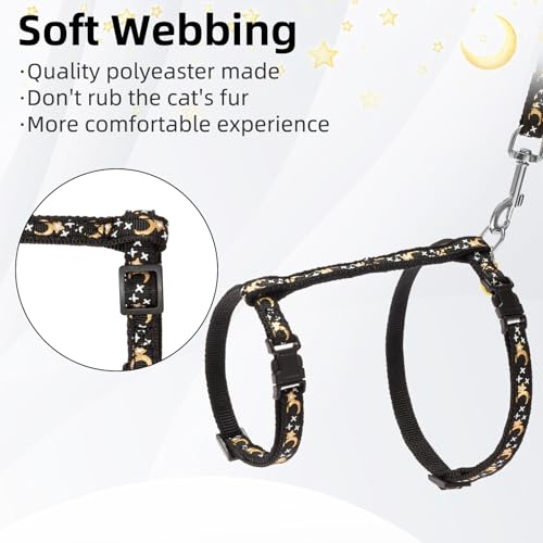 Adjustable Cat Harness and Leash Set Escape Proof Kitten Strap Collar for Walking Travel (Medium / Black(Moon&Star))