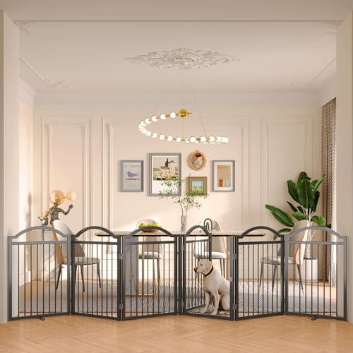 Metal No Assembly Freestanding Dog Gate with Door Walk Through (Black C / 6 panels 144"W*32"H HYG)
