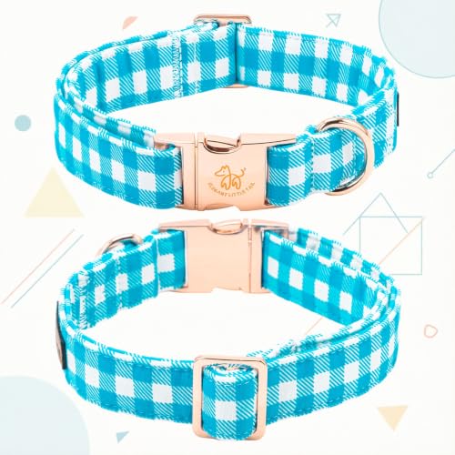 Dog Collar Boy Blue Gingham Plaid Dog Collar with Bow (Blue Gingham Plaid / Large (Pack of 1))