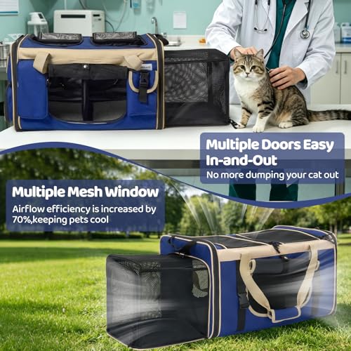 Expandable Extra Large Cat Carrier for 2 Cats with Litter Box for Kitten (Blue)