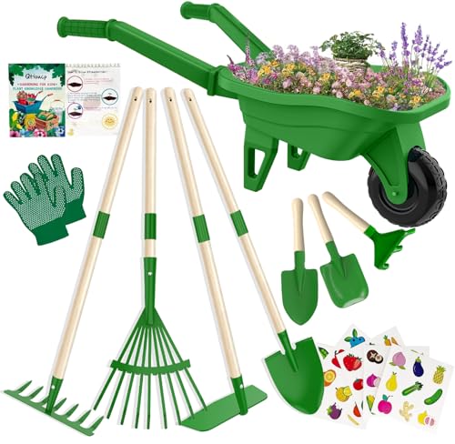 Kids Gardening Tools Outdoor Toys Set Backyard Play with Wheelbarrow Educational STEM Learning Pretend Toys Outdoor Indoor for Toddlers Kids Boys Girls (Green2)