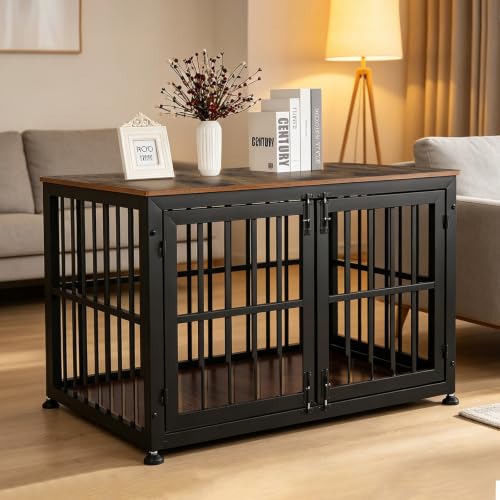 42 Inch Dog Crate Furniture for Large Medium Dogs (Black + Rustic Brown / 42.1"L x 28.2"W x 29.7"H)