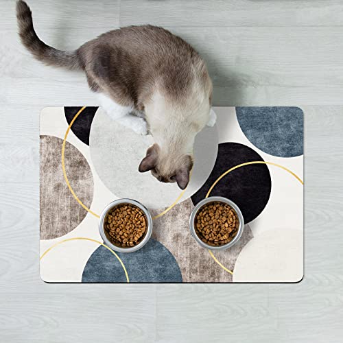 Dog Food Mat 12" x 19" Boho Absorbent Dog Cat Bowl Mat for Food and Water (Abstract Art Circle / 19"L x 19"W)