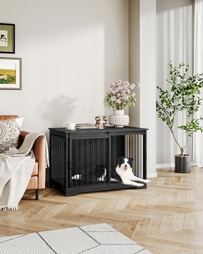 39.3" L Dog Crate Furniture Indoor Dog Kennel with Barn Door (Black / 39.3"L x 23.6"W x 26.8"H)