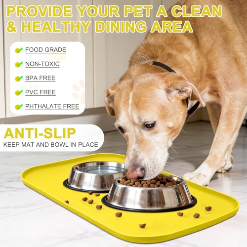 Waterproof Silicone Pet Food Mat with Raised Edge for Dog & Cat (Light Yellow / 24"L x 16"W)