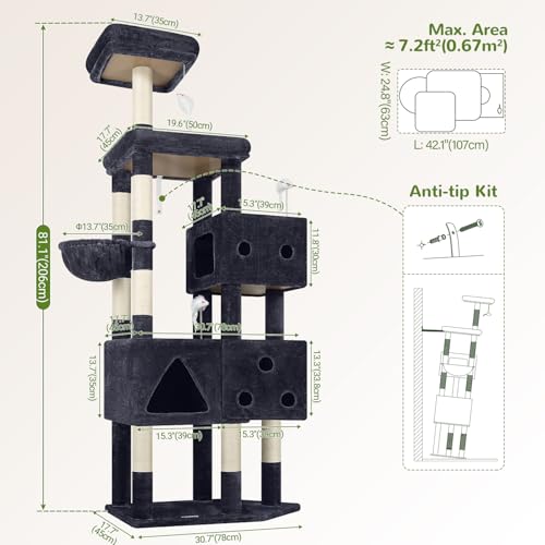 Extra Large Cat Tower for Big Cats 20 lbs (81 inch / Dark Grey)