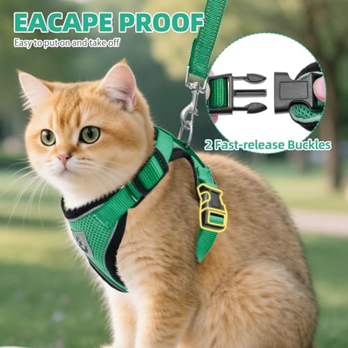 Cat Harness and Leash Set Escape Proof Reflective Cat Walking Harness Adjustable Soft Breathable Mesh Vest for Small Pets (XS (NECK 8.5", CHEST 11"-14") / Dark Green)