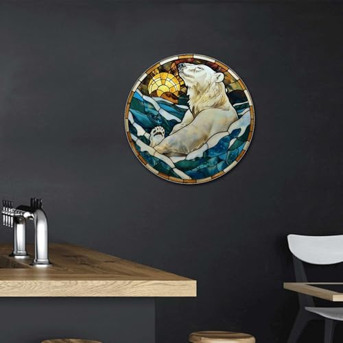 Metal Sign Tin Sign Circular Stained Glass Polar Bear Boho Decorations For Home For Gift 8×8 Inches (8×8 Inches / Polar Bear-1)