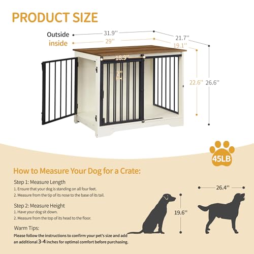 31.9" M Dog Crate Furniture Indoor Dog Kennel with Barn Door (White Brown / 31.9"L x 21.7"W x 26.6"H)