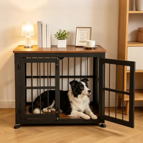 32 Inch Heavy Duty Dog Crate Furniture for Medium and Small Dogs (Black + Rustic Brown / 32.7"L x 23.2"W x 26.6"H)