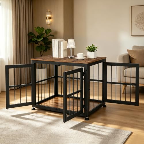 32 Inch Heavy Duty Dog Crate Furniture for Medium and Small Dogs (Black + Rustic Brown / 32.7"L x 23.2"W x 26.6"H)
