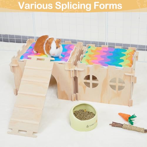 2 Pack Wooden Guinea Pig Hideout House with Stairs & Mats (2 Houses / Wood Color)