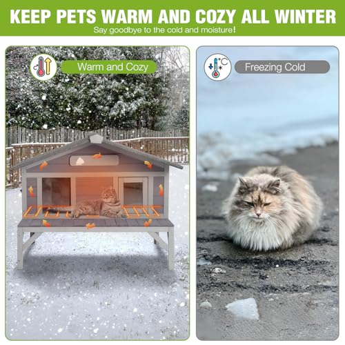 Heated Cat House Large Insulated Cat House Outdoor Weatherproof Feral Cat Shelter with Heated Pad