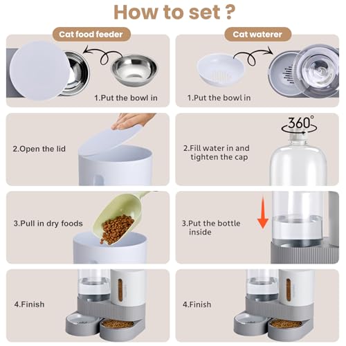 2 Pack Automatic Cat Feeder Stainless Steel Water Dispenser Gravity Food Feeder and Waterer Set with Pet Food Bowl for Small Medium Kitten Puppy Pets Large Capacity (Grey)