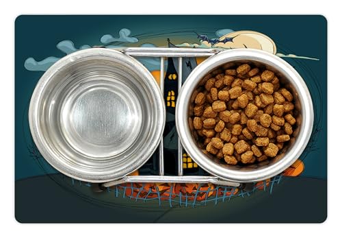 Halloween Pet Mat for Food and Water (Orange Teal)