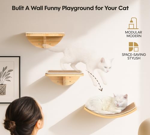 2 Set Wooden Cat Wall Shelves with Sisal Mat