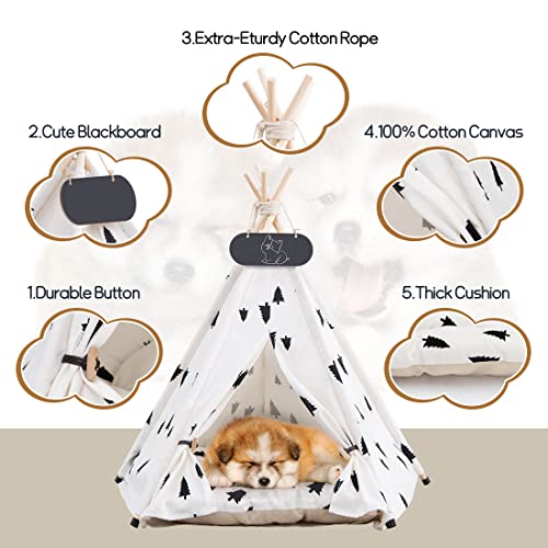 Pet Teepee Tent for Dogs & Cats Dog Bed with Thick Cushion Puppies Play House Removable and Washable (L:24x24x28inch)
