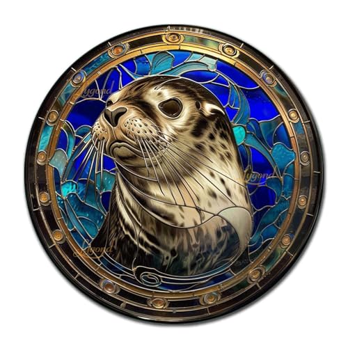 Metal Sign Tin Sign Circular Stained Glass Harbor Tin Sig For Pet 12×12 Inches (12×12 Inches / Harbor-2)