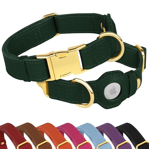 Leather Airtag Dog Collar (Green / XL, 20"-25" Neck Fit)